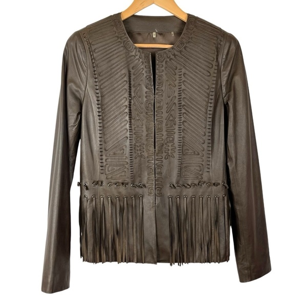 Elie Tahari Brown Genuine Leather Embellished w/ Tassels Blazer Jacket Sz. Small - Picture 1 of 15
